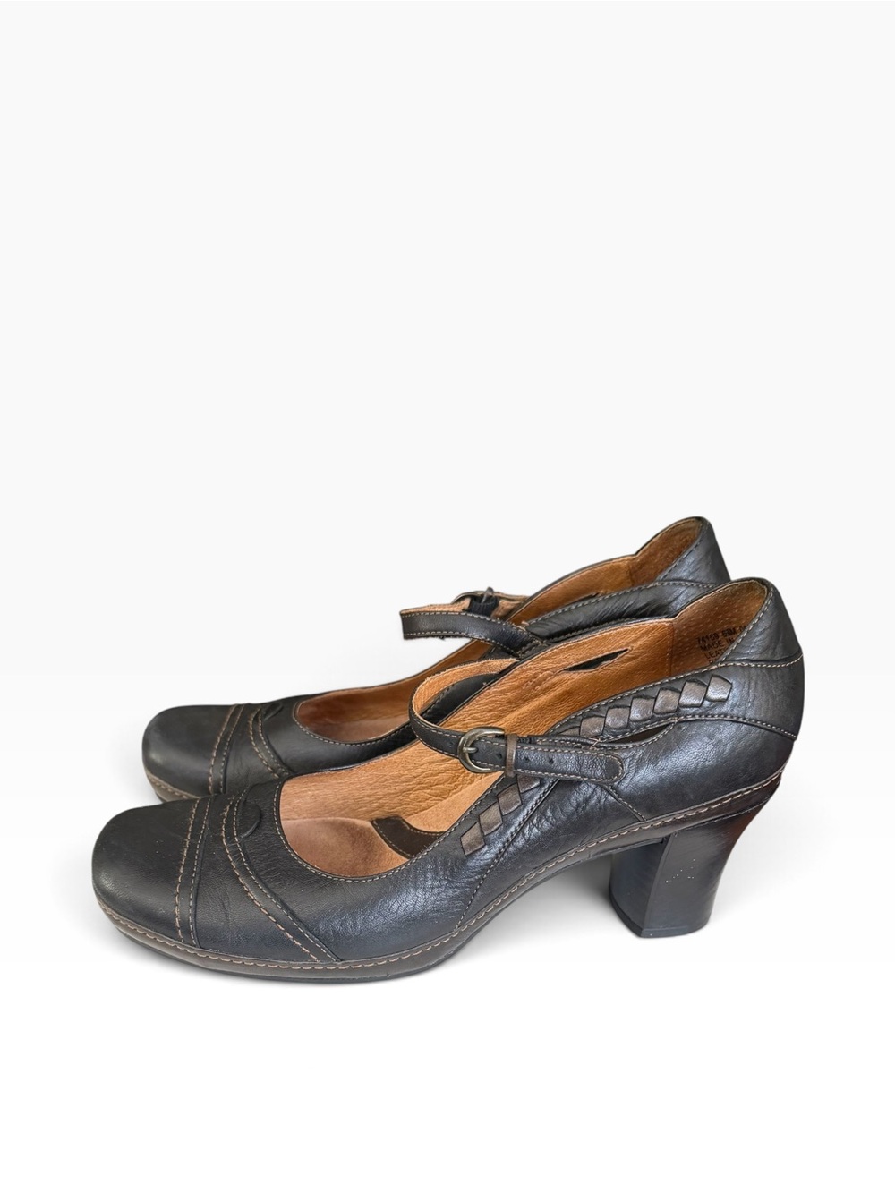 Clarks Artisan Collection Black Leather Mary Jane Block Heels Women's Size 6.5